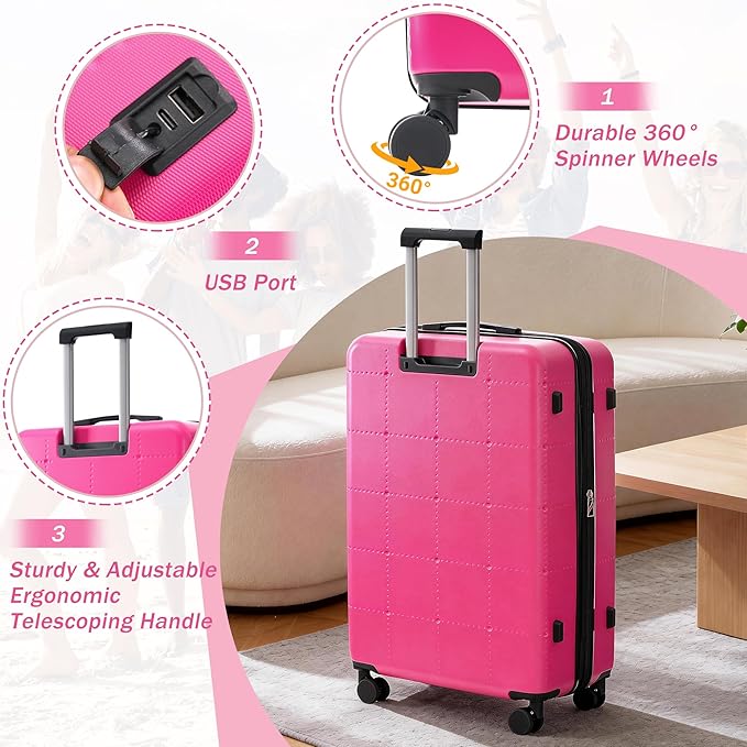 Merax Luggage Sets,5 Piece Front Half-open Hardshell Expandable Suitcase Set with Spinner Wheels and Duffel Bags,Lightweight Carry on Luggage with USB Port,20/24/28IN,Pink-1