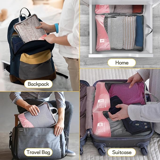 Compression Packing Cubes 8 Set, Dual Zipper Compression Packing Cubes for Travel, See-Through Mesh Packing Bags for Suitcases, Compression Travel Cubes with Shoe Bag (Pink)