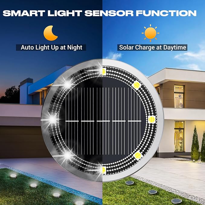 Solar Ground Lights Outdoor, 6 Pack Flat Solar Powered Disc Lights, IP68 Waterproof, Anti-Rust, Landscape Lighting for Pathway Garden Yard Lawn Walkway Landscape Driveway, Mini, Cool White