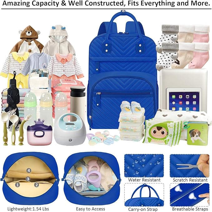 Tenot Diaper Bag Backpack Tote for Women Large Capacity, Baby with Insulated Pockets Multifunctional Bags For Girl Boy Waterproof Boys Girls Mama Maternity Travel Royal Blue