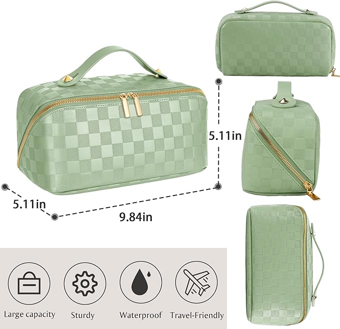 Large Capacity Travel Cosmetic Bag - Portable Makeup Bags for Women Waterproof PU Leather Checkered Makeup Organizer Bag with Dividers and Handle,Toiletry Bag for Cosmetics