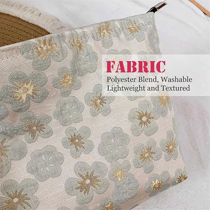 HAPPYHEIDI Small Cute Vintage Floral Makeup Bag Purse Pouch, Accessory Organizer, Metal Zipper, Aesthetic Textured Fabric, Golden Beige Medium