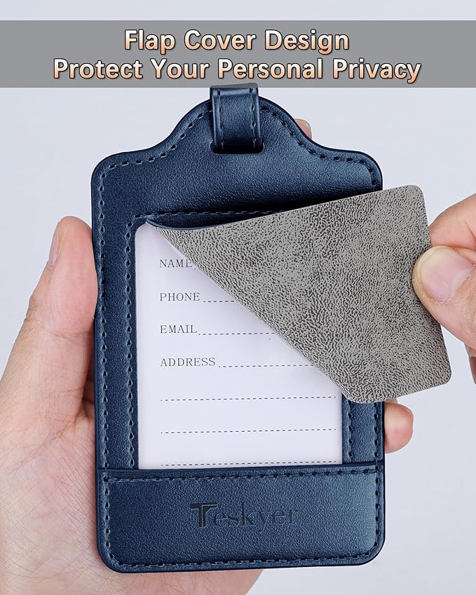 3 Pack Luggage Tags - Quick Install, Privacy Protection, Airplane Travel Essentials for Suitcases, Durable Leather - Blue