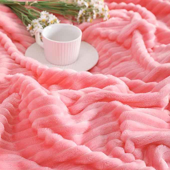 NTBAY Plush Flannel Twin Bed Blanket, 60X80 Inches Soft and Warm Lightweight Blanket with Striped Texture Bed Blanket for Couch Sofa Bed All Seasons, 60"x80", Pink