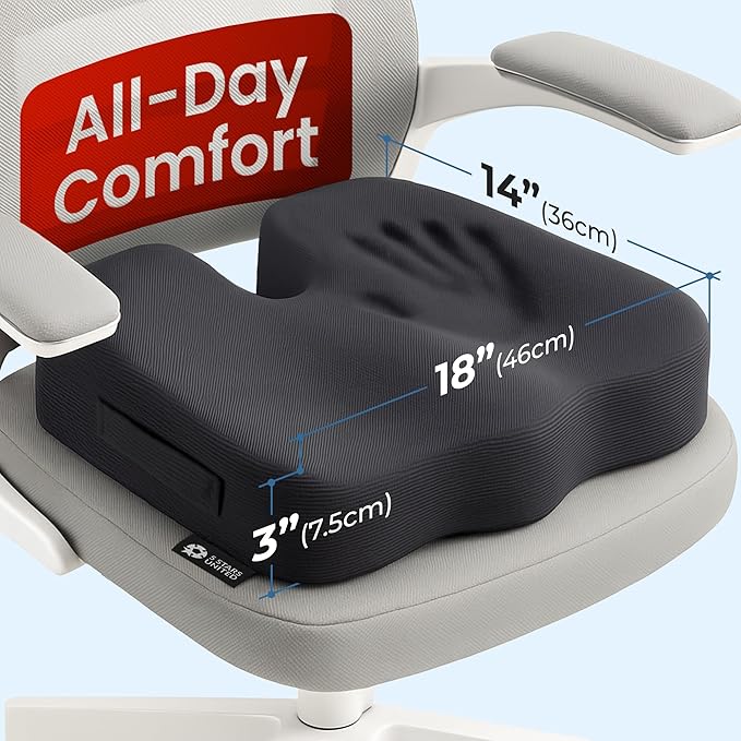 5 STARS UNITED Seat Cushion - Memory Foam&Cooling Gel Chair Cushion for Tailbone Pain Relief - Ergonomic Support for Coccyx, Sciatica & Butt - Office, Desk & Gaming Chair, Car Seat, Wheelchair, Black