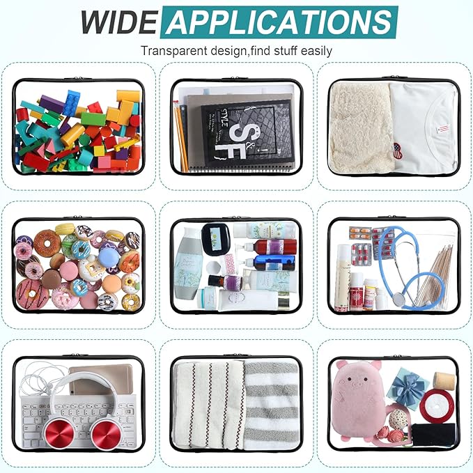 Sanwuta 6 Pcs Clear Hard Zipper Case Plastic Zipper Pouches Transparent Makeup Bag Pencil Case Pouches Toiletry Diaper Bag for Travel Toy Storage Organizer Bins(Black,12.6 x 9 x 2 Inch)