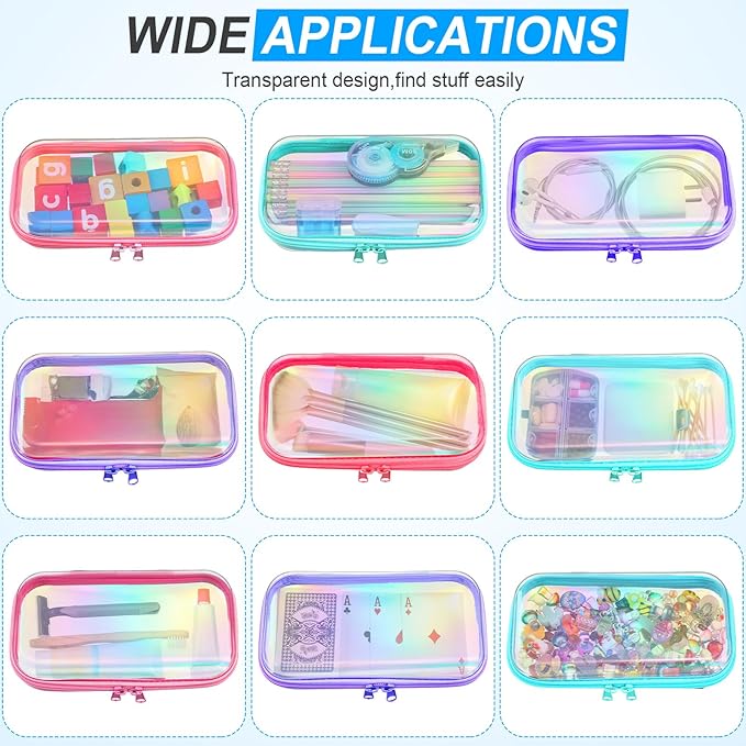 Sanwuta 6 Pcs Clear Hard Zipper Case Plastic Zipper Pouches Transparent Makeup Bag Pencil Case Pouches Toiletry Diaper Bag for Travel Toy Storage Organizer Bins(Holographic,7.48 x 3.94 x 2 Inch)