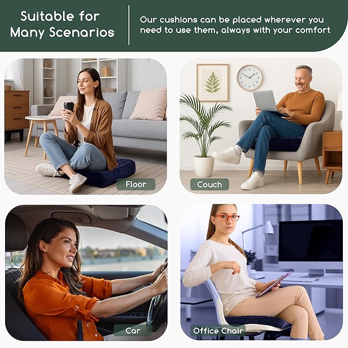 HIGOGOGO Tufted Corduroy Recliner Seat Cushion for Elderly, High Density Foam Large Square Seat Cushion for Recliner Chair, Floor Pillow, Office Chair, Car, No Pressure on Thighs, 20x20x4, Navy