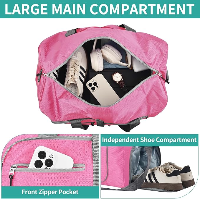 Dimayar Travel Duffle Bag for Men Women - Foldable Duffel Bag with Shoes Compartment - Overnight Bags Waterproof & Tear Resistant(115L,Pink)