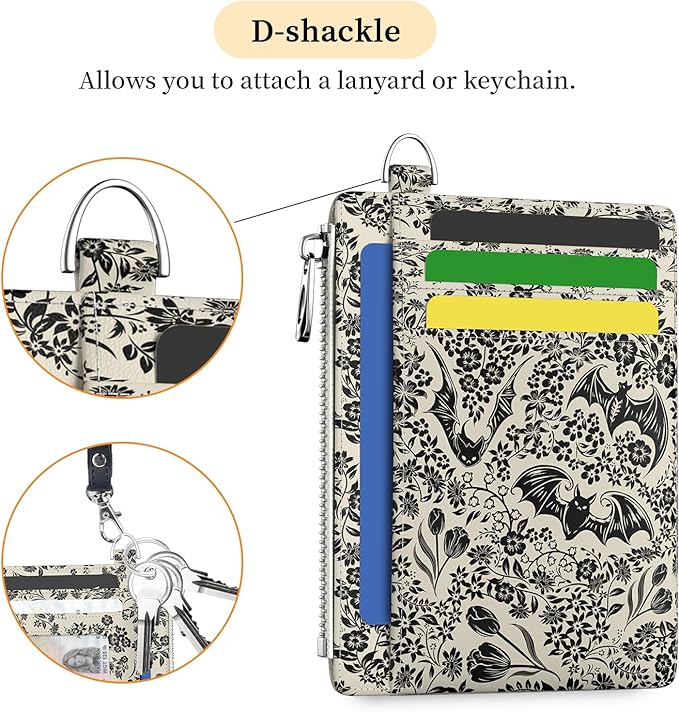 Hancynir Goth Bat Floral Slim Wallet Women Credit Card Holder Gothic Flower RFID Blocking Small Cute Card Wallets Mini Front Pocket PU Leather Thin Travel Zipper Coin Cash Ladies Female Wallet Gifts