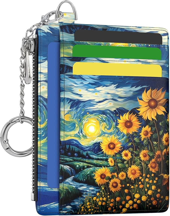 Hancynir Sunflower Starry Night Small Wallet Women Credit Card Holder, Slim RFID Blocking Keychain Card Wallets, Mini Front Pocket PU Leather Thin Travel Zipper Coin Cash Ladies Wallet Organizer Gifts