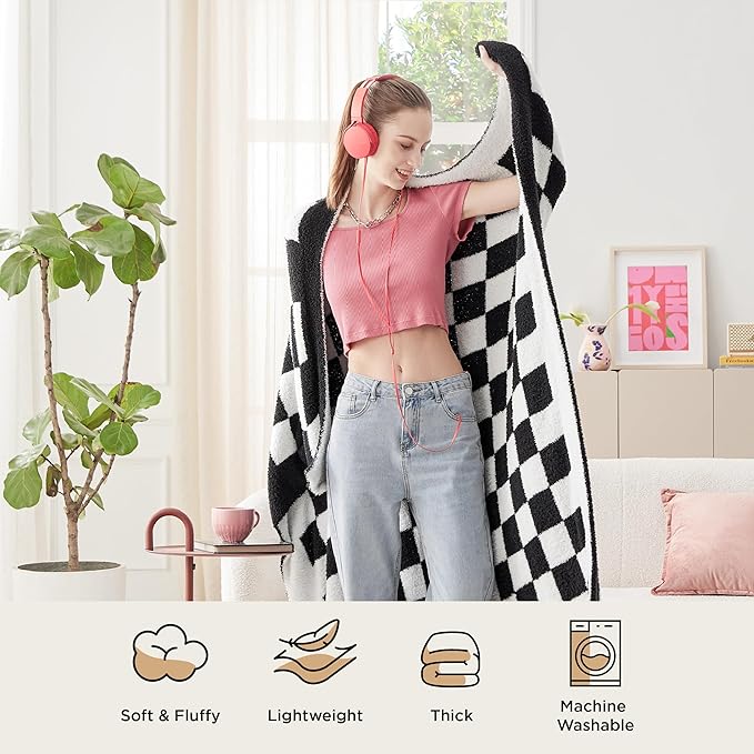 Bedsure GentleSoft Checkered Twin Blanket for Couch - Super Soft Cozy & Warm Knit Throw Blanket, Breathable, Lightweight & Fluffy Plaid Blanket for Bed, Sofa, Gifts for Women Men, Black, 60x80 Inches