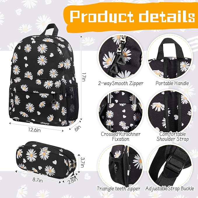 Redbaker 17 Inch 6 Pcs Kids Luggage Set Kids Rolling Luggage Double Pattern Suitcase for Boys Girls (Black, Daisy Style)
