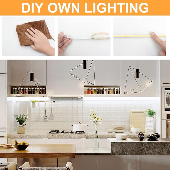 AXMOTUT 32.8ft White COB LED Strip Light with RF Romote and Power Supply | 3200 LEDs, RF Remote & UL Power Supply, 6000K Dimmable,Bedroom Kitchen Wardrobe DIY Home Decoration, 2 Rolls of 16.4ft