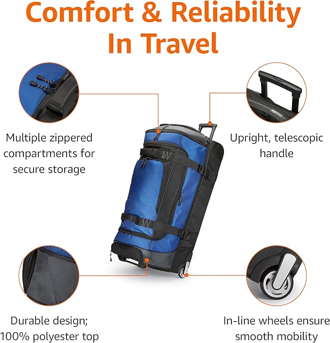 Amazon Basics 35-Inch Large Rolling Duffel Bag for Travel with Wheels and Handle, Durable Ripstop Polyester, 2 Layers of Space, Multiple Interior and Exterior Pockets, Blue