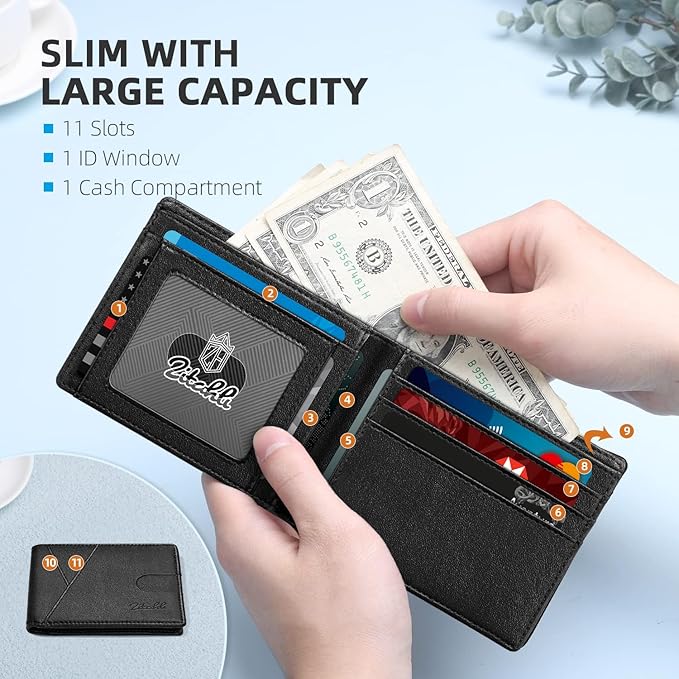 Zitahli Bifold Wallets for Men - Slim RFID Leather Credit Card Holder for 6-11 Cards, Minimalist Thin Wallet with ID Window & Cash Slot,Front Pockt Carteras Para Hombres, Birthday Gifts for Men | Slim, RFID Blocking, Premium, Front Pocket, Gift Box, Le...