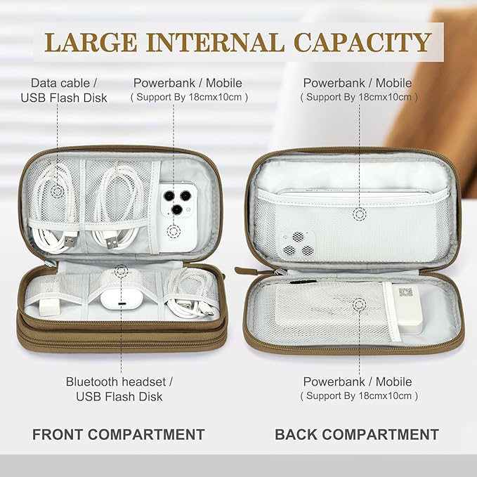 FYY Electronic Organizer, Travel Cable Organizer Bag Pouch Electronic Accessories Carry Case Portable Waterproof Double Layers Storage Bag for Cable, Charger, Phone, Earphone, Medium Size, Brown
