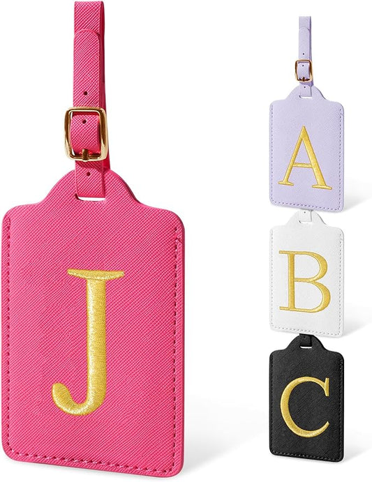Personalized Initial Luggage Tags for Suitcases, Cute PU Leather Embroidered Letter Travel Luggage Tags, Suitcase Identifier Name Baggage Tag, Bag Tags for Men Women Kids Luggage Handbags(Rosered J)