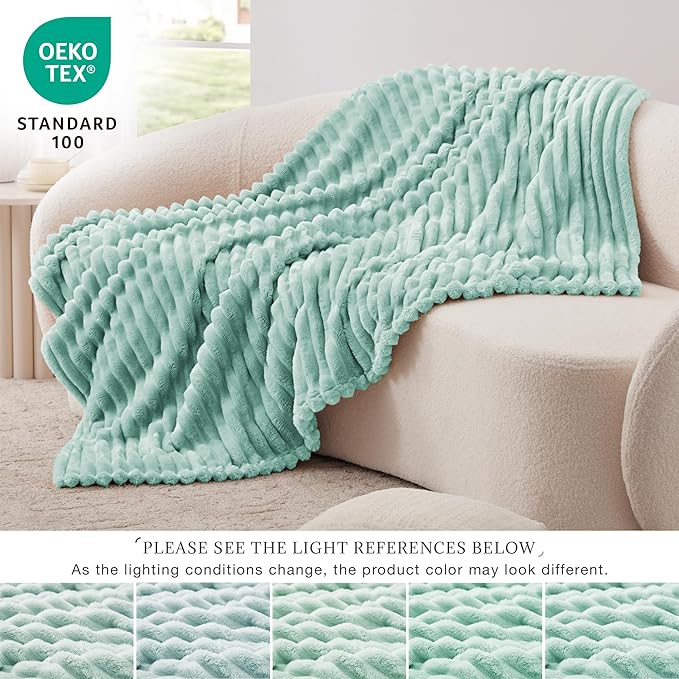 EXQ Home Fleece Throw Blanket for Couch or Bed - 3D Stripe Jacquard Decorative Blankets - Cozy Soft Lightweight Fuzzy Flannel Blanket Suitable for All Seasons(50"×60",Cyan-Blue)