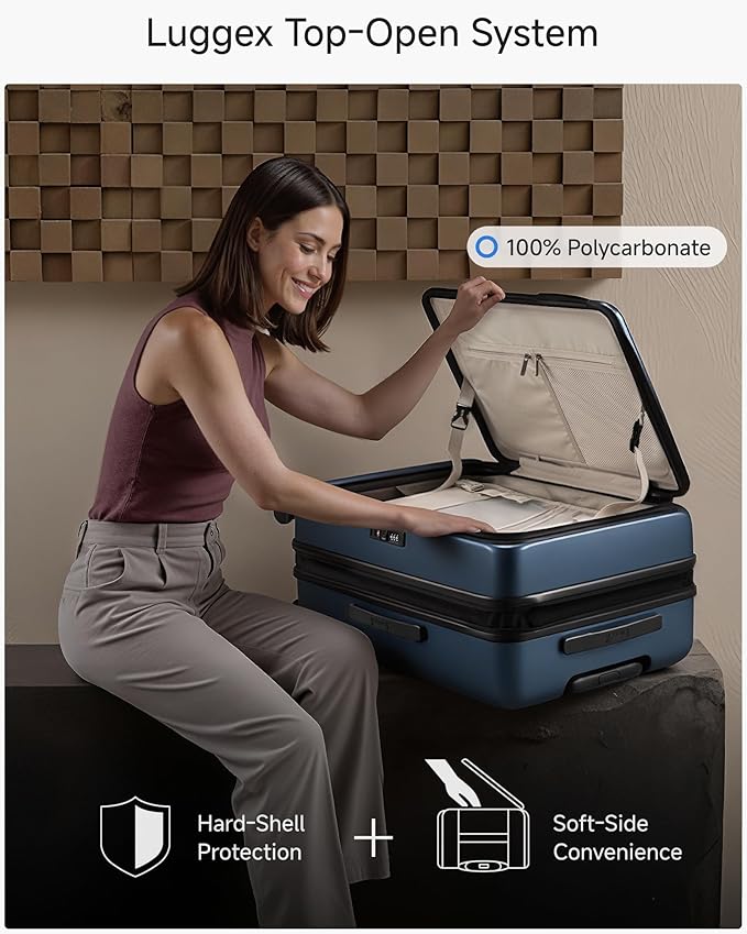 LUGGEX Checked Luggage with Spinner Wheels, FLO5 Top Opening Expandable Polycarbonate Hard Shell Suitcase with TSA Approved Lock (FX-Core, Blue, 24 Inch)