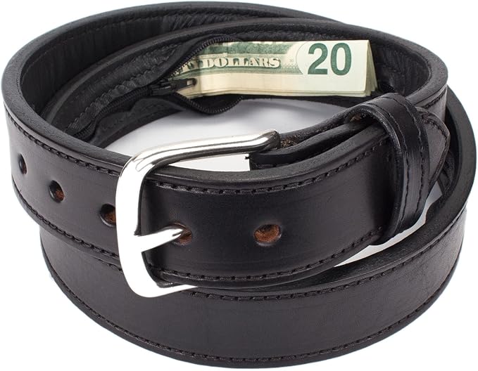 Hidden Money Pocket Travel Leather Belt (Size 56, Black)