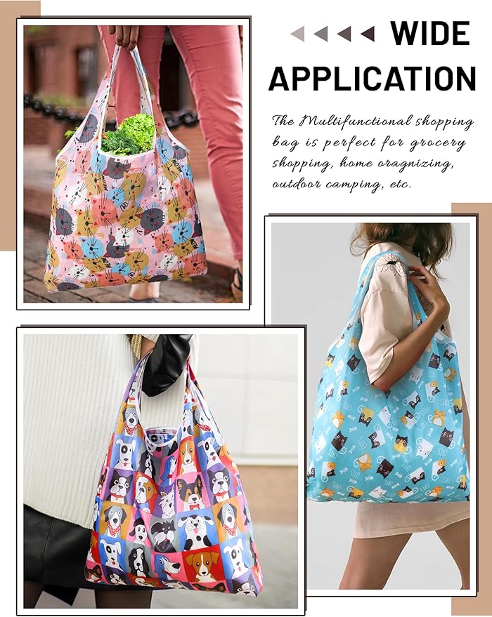 4 Pcs Reusable Grocery Bags, Foldable Shopping Bags Heavy Duty, Large Nano Bag Cute Tote Bag for Daily Shopping, Waterproof and Machine Washable (Animals)