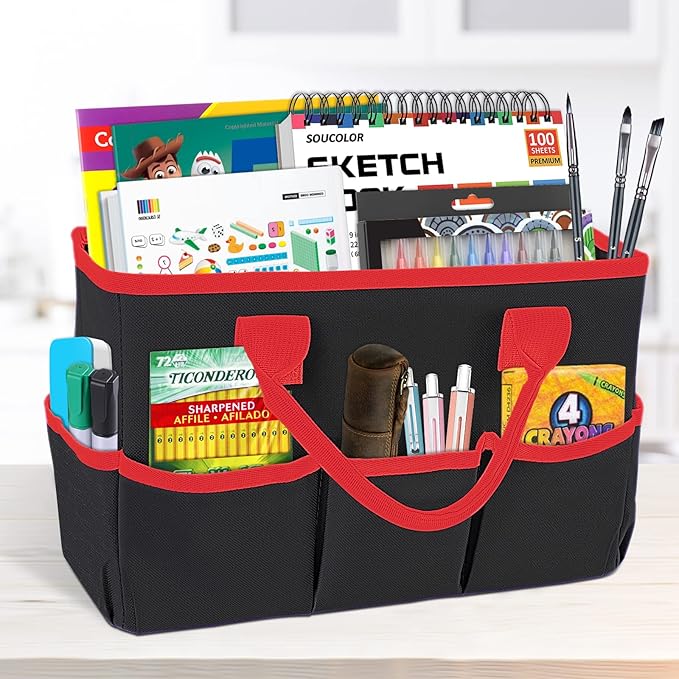 Godery Desktop Tote and Organizer, Teacher Helper caddy Bag for Arts, Books, Stationery, Office Desk Organization, Make-up Storage with Handles for Travel (PINK)