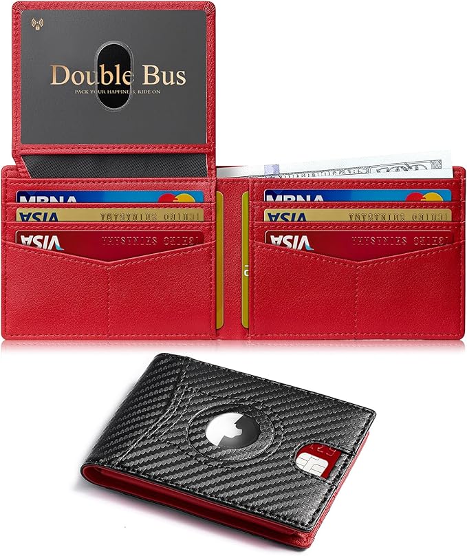 Wallet for Men Slim RFID Blocking Bifold Carbon Fiber,Minimalist Small Compact Front Pocket Credit Card Holder,Thin Mens Leather Wallets Smart Security With 2 ID windows 1 Cash (Black & Red)