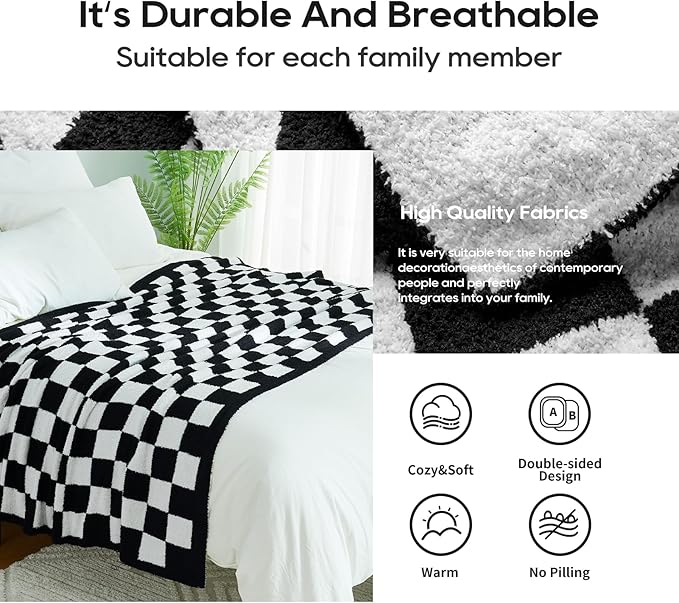 Checkered Throw Blanket, Black Soft Cozy Fluffy Knitted Throw Blankets for Couch, Sofa, Bed, Chair, Warm Fuzzy Travel Picnic Lightweight Plaid Blanket, 50x70 inches