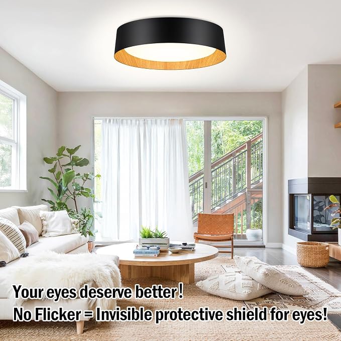 Flush Mount Ceiling Light, 16in Modern Ceiling Light 5 Color Temperature | 30W Bathroom Ceiling Light Fixture, 3000LM Dimmable LED Flush Mount Light for Bedroom, Hallway, Kitchen, Black & Wood, 2-Pack
