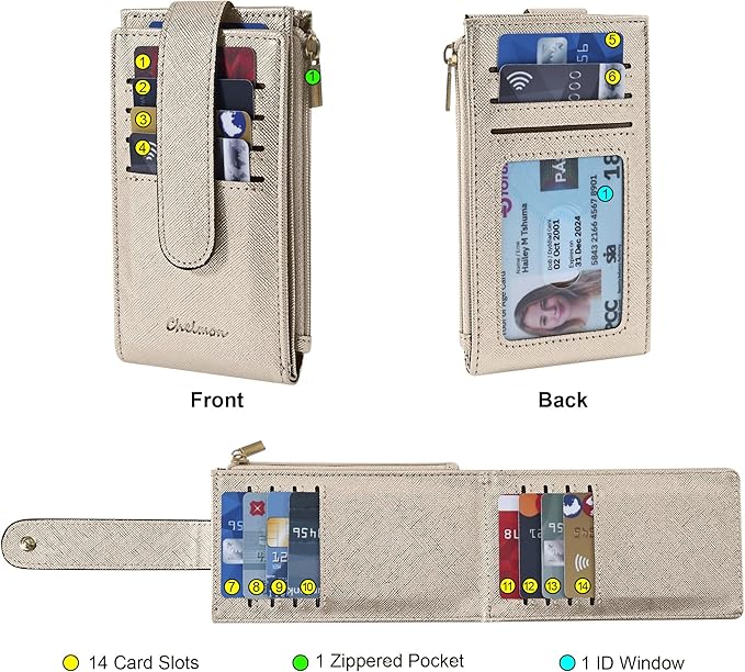 Chelmon Womens Wallet Slim RFID Blocking Bifold Multi Card Case Wallet with Zipper Pocket (Silver Gold)