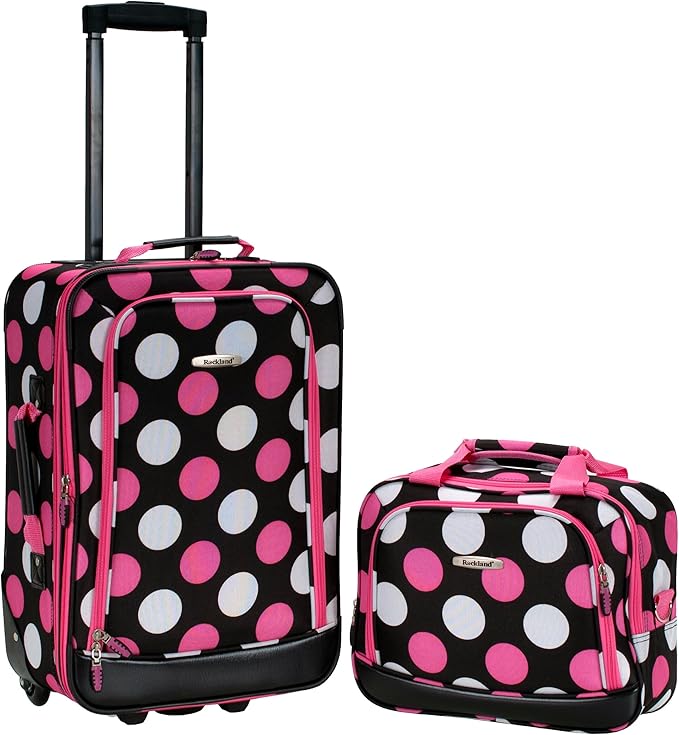 Rockland Fashion Softside Upright Luggage Set,Expandable, Multi/Pink Dot, 2-Piece (14/19)