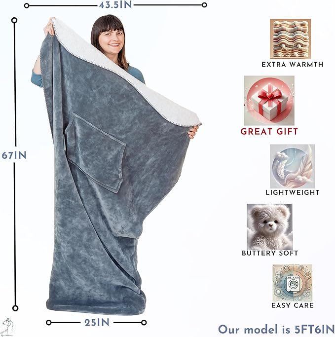 Premium Double Layer Foot Pocket Blanket -Patent Pending- Gamer Gift for Men Who Have Everything - Useful Gifts for Men Who Wants Nothing (Double Layer, Silver Grey)