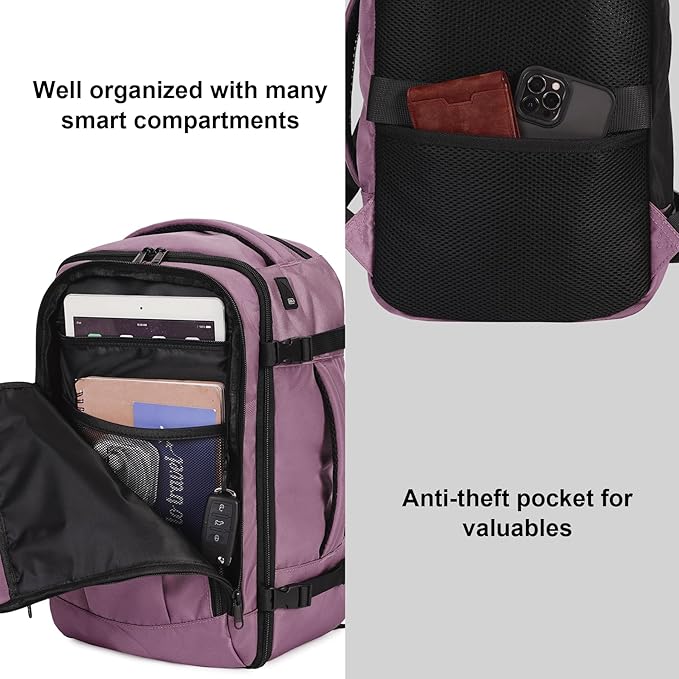 ECOHUB Travel Backpack 18x14x8 Spirit Airlines Personal Item Bag Carry On Backpack 13 Pockets Large Work Casual Daypack for men Airline Approved Waterproof Gym Backpacks with Charging Port, Pink