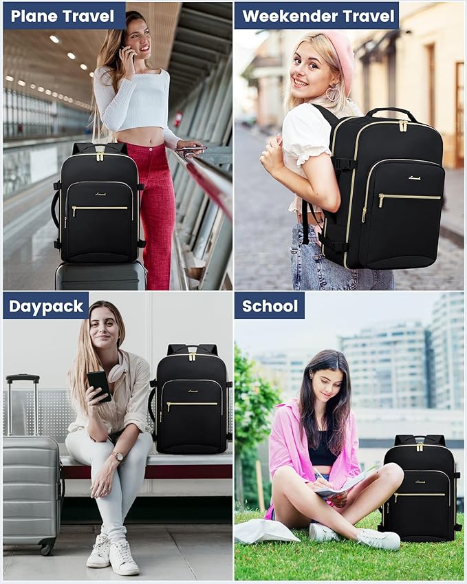 LOVEVOOK Travel Backpack for Women & Men 50L,Airline Approved Carry On Backpack Travel Essentials,TSA Carry on Luggage,Waterproof Personal Item Travel Bag,Suitcase with 3 Packing Cubes,Black-Black