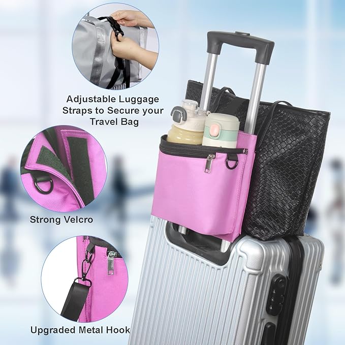 Bokelai Luggage Travel Cup Holder with Straps for Add a Bag Hands-Free Suitcases Drink Carrier Beverage Caddy Travel Accessories for Flight Attendants Travelers Pink
