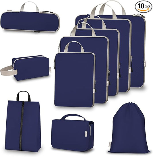 Compression Packing Cubes for Travel, Set of 10 Expandable Luggage Organizers with Shoe Bag, Lightweight Water-Resistant Suitcase Essentials for Carry-on & Checked Luggage, Blue