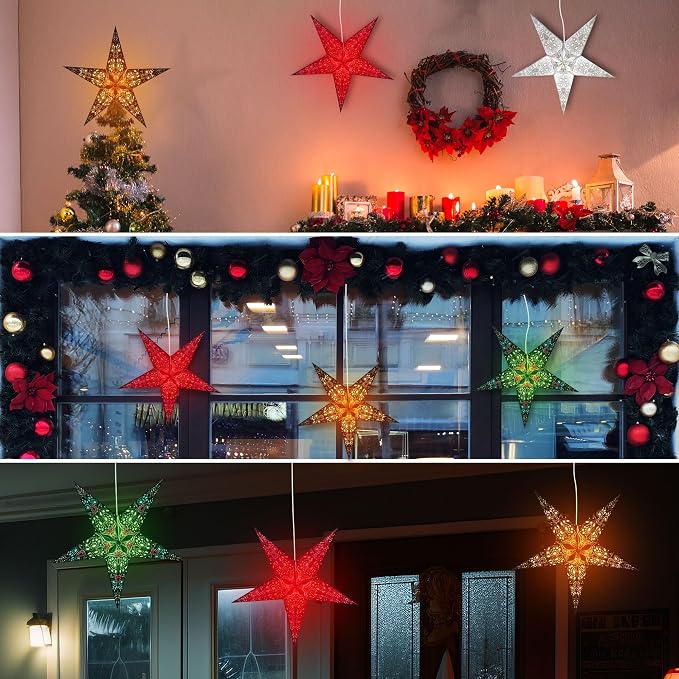 GalaxyArts Paper Star Lantern, Turquoise Maharani 24 Inch 3D 5-Pointed Light-Up Hanging Lamp, Handcrafted Hollow Home Décor for Christmas, Weddings, Holidays, Birthday, Indoor Outdoor Parties