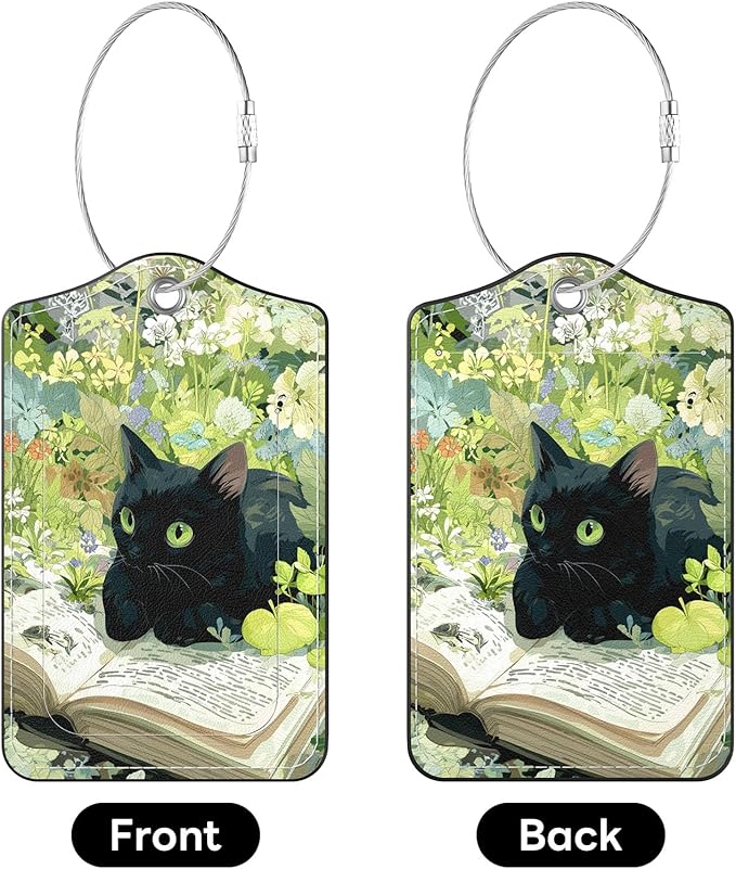 2 Pack PU Leather Luggage Tags for Suitcases, Privacy Protection Cover with Stainless Steel Loop and Address Card, Travel Cruise Essentials (Flower Book Cat)