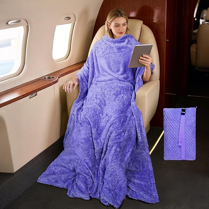 Tirrinia Travel Blanket and Pillow Set, Soft Compact Airplane Blanket with Foot Pockets, 4-in-1 Travel Essentials for Women Men, Portable Travel Gifts for Her, Travel Blanket for Airplanes, Cars