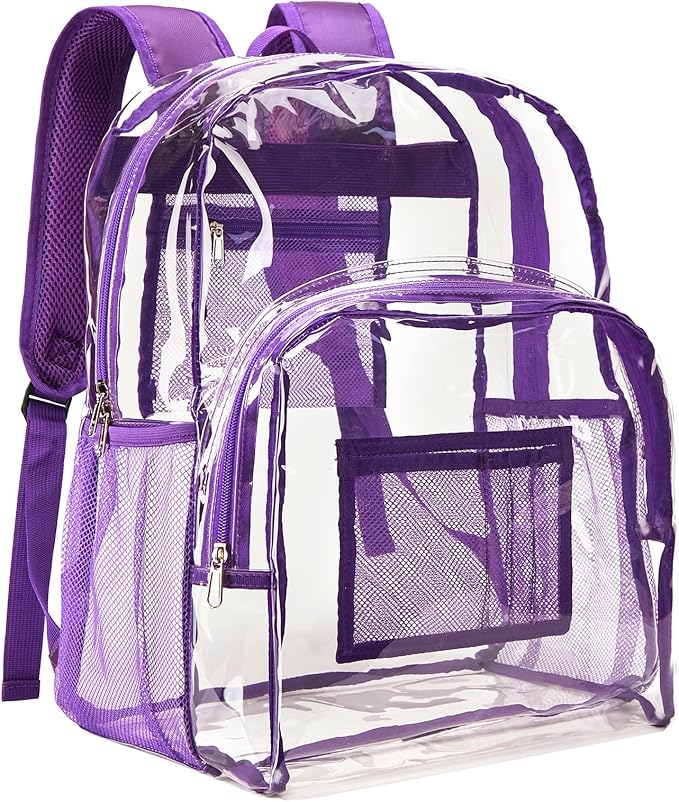 Vorspack Clear Backpack Heavy Duty PVC Transparent Backpack Extra Large Clear Backpacks with Reinforced Strap for College Workplace Security - Purple