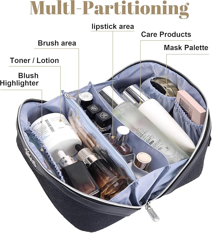BOYATU Travel Makeup Bags Cosmetic Organizer Bag: 3-Set Large Capacity Make up Bag - PU Leather Toiletry Bags for Women - Wide Open Portable Pouch with Divider & Handle (A-Black)