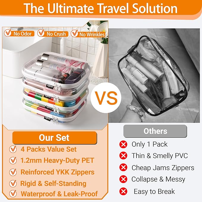 YQBRAO 4 Pack Clear Hard Shell Zipper Case, See-Through Hard Plastic Organizer Pouches with Zipper for Travel, Toiletries, Makeup, Toy, Electronics & Pencils - Crush-Resistant Storage