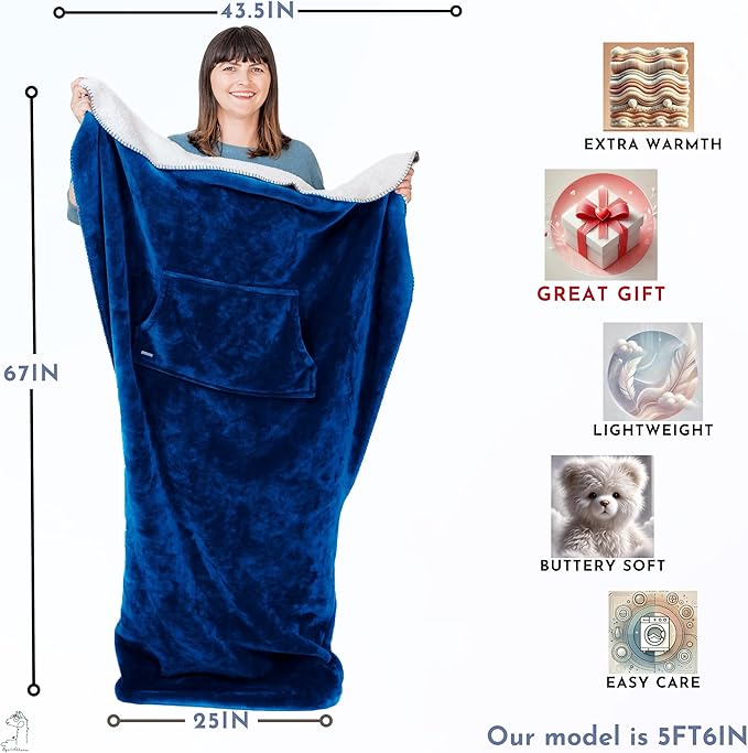 Premium Double Layer Foot Pocket Blanket -Patent Pending- TV Throw - Gamer Gifts for Men Who Want Nothing - Lap Blanket (Double Layer Sherpa-Fleece, Velvet Blue)