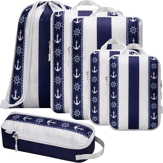 Large Compression Packing Cubes for Travel 6pc Set - Fits Carry On Suit Case & Checked Luggage, Organizer Luggage Packing Cubes for Travel & Home, with Drawstring Backpack/Laundry Bag
