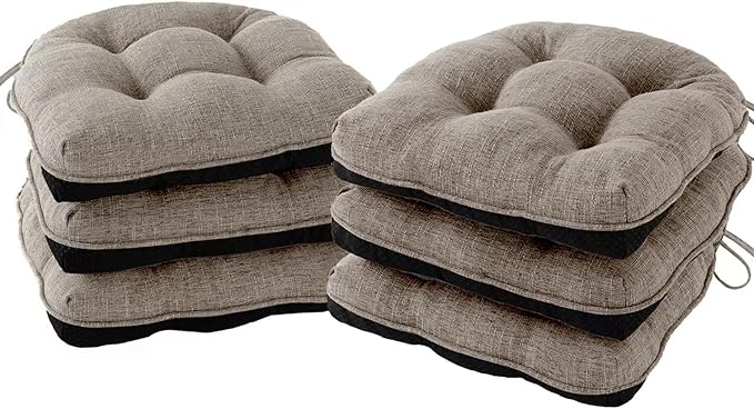 Chair Cushions for Dining Chairs Set of 6, Kitchen Chair Cushions, Chair Pads with Ties and Non Slip Backing, Tufted Memory Foam Seat Cushion 6 Pack, 15.5" x 15.5" x 4", Khaki