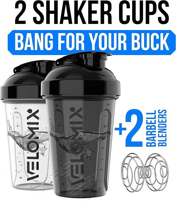 VELOMIX -2 Pack- 20 oz Protein Shaker Bottles for Protein Mixes - 2x Wire Whisk | Leak Proof Shaker Cups for Protein Shakes and Pre Workout | Protein Shaker Bottle Pack (Black/Transparent)