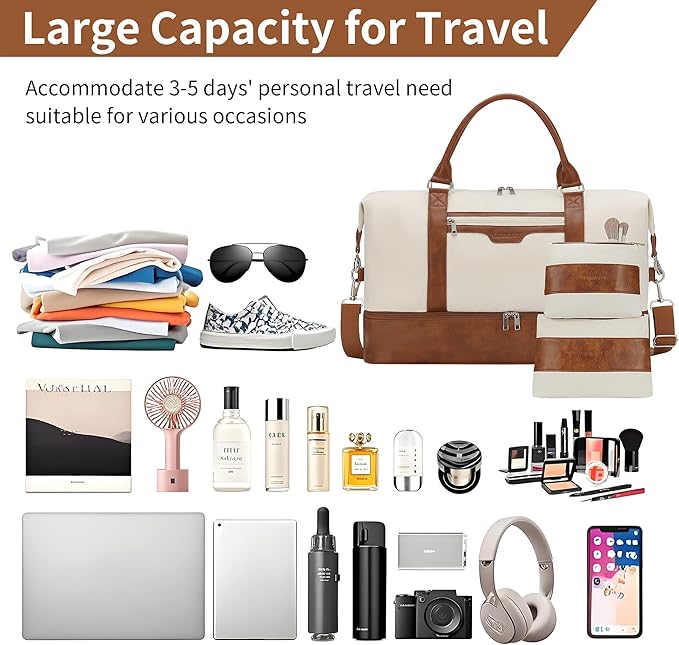 Oeihuivt Weekender Bags for Women - 21 Inch Large Travel Duffel Bag 2-Piece Set with Shoe Compartment, Heavy-Duty Canvas Leather Carry On Overnight Tote