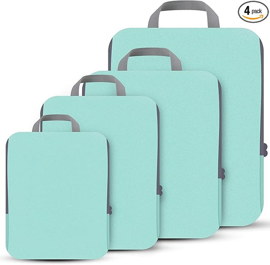 4 Set Compression Packing Cubes Travel - Travel Accessories Expandable Packing Organizers for Carry On - Essentials Luggage Bags - Light Teal