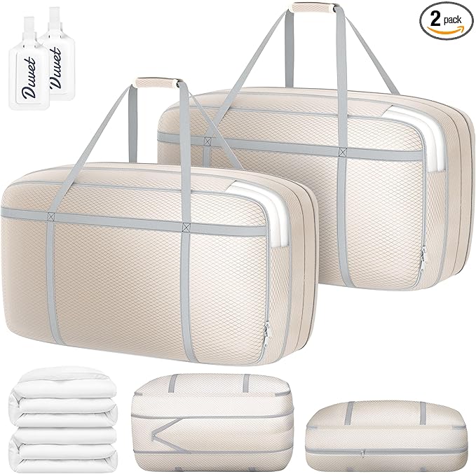 DIMJ 100L Comforter Storage Bag with Handls, Large Washable Blanket Storage, Compression Packing Totes Moving Bags With Zipper, Space Saving Containers For Pillow, Clothes, Bedding, 2 PCS